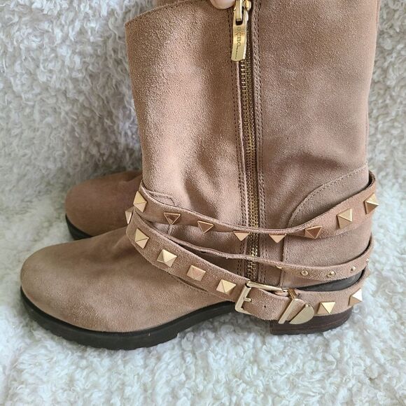 BCBG Suede Tan Studded Strap Zipper Moto‎ Boots EUC! - Picture 2 of 7